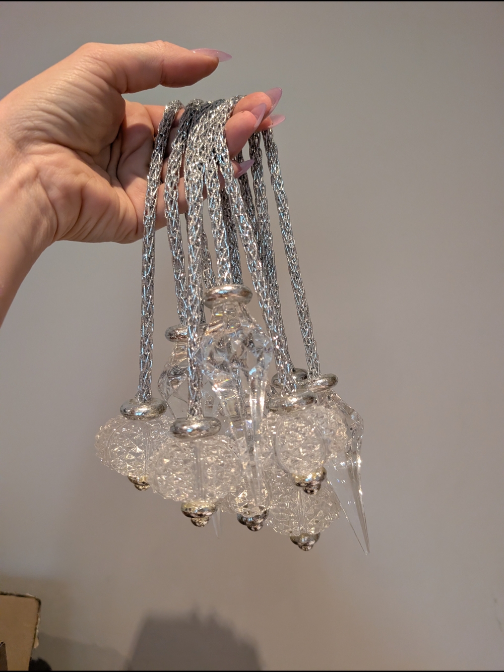 Set of Silver and Clear Glass Ornaments